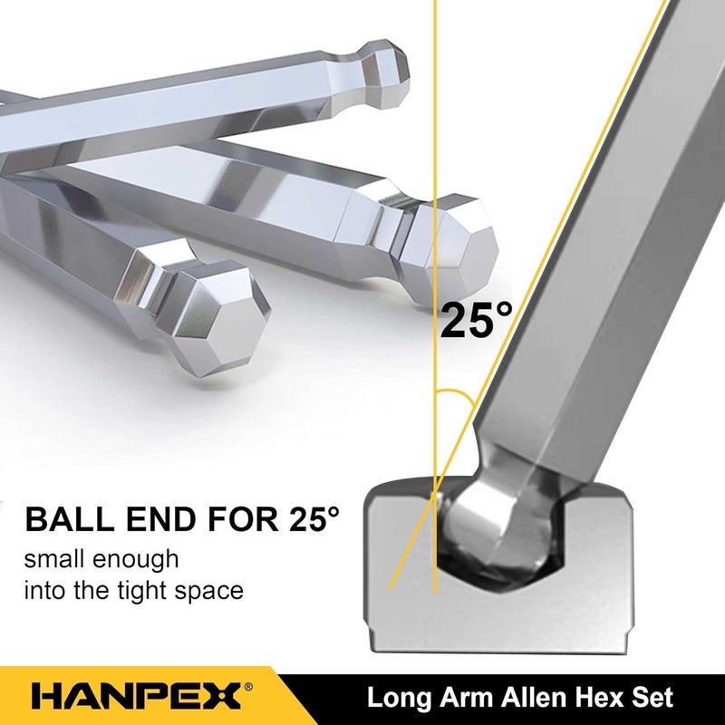 Hanpex Long Arm Hex Key Allen Wrench Set with Ball End, Ball-End Hex Allen Key, Allen Wrench Set Chrome Vanadium Steel(Cr-V), Tamperproof TORX L- Key Set (9Pc Imperial) - Image 5